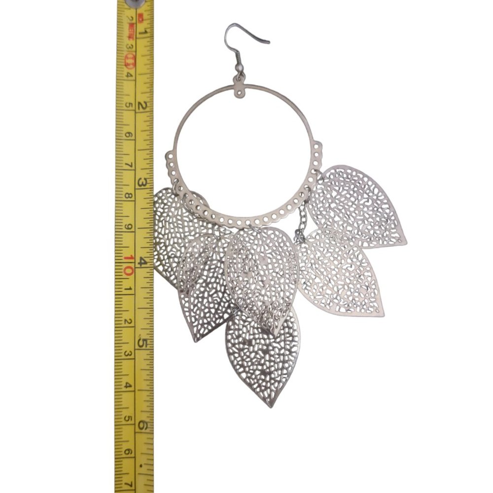 Sterling Gold, dangling leaves earrings. Totol length 6in. - Picture 2 of 3